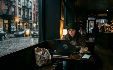 Freelancer working quietly in a late-night Manhattan cafe with laptop and coffee