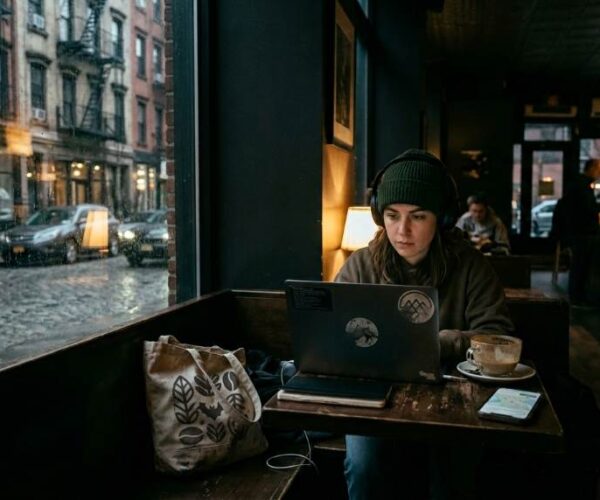 Freelancer working quietly in a late-night Manhattan cafe with laptop and coffee