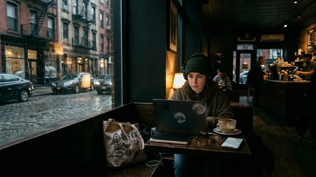 Freelancer working quietly in a late-night Manhattan cafe with laptop and coffee
