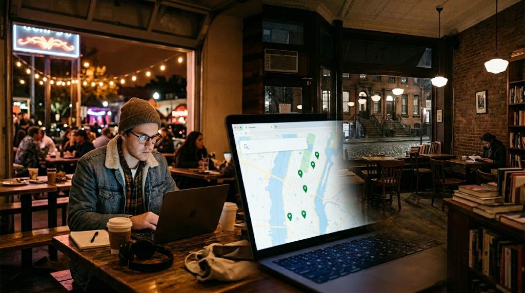 Remote worker from Austin using a peaceful NYC coffee shop after midnight