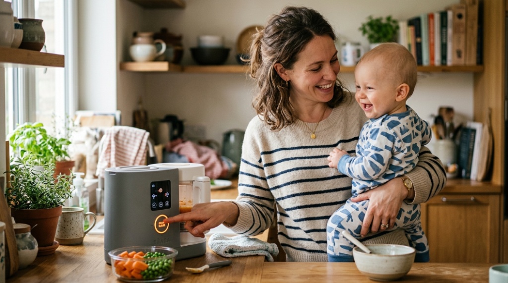 A mother holding her infant while operating a digital baby food maker machine.