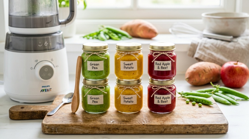 Colorful homemade vegetable purees in glass jars next to a baby food maker.