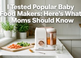 Modern baby food makers steaming and blending fresh organic vegetables on a kitchen counter.