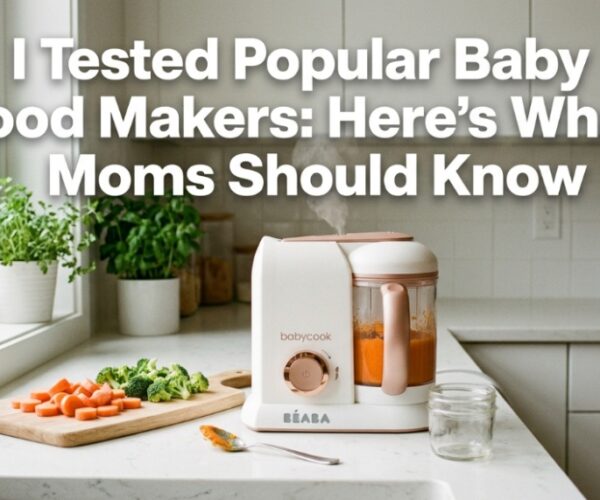 Modern baby food makers steaming and blending fresh organic vegetables on a kitchen counter.