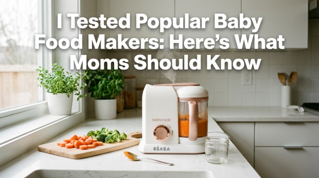 Modern baby food makers steaming and blending fresh organic vegetables on a kitchen counter.