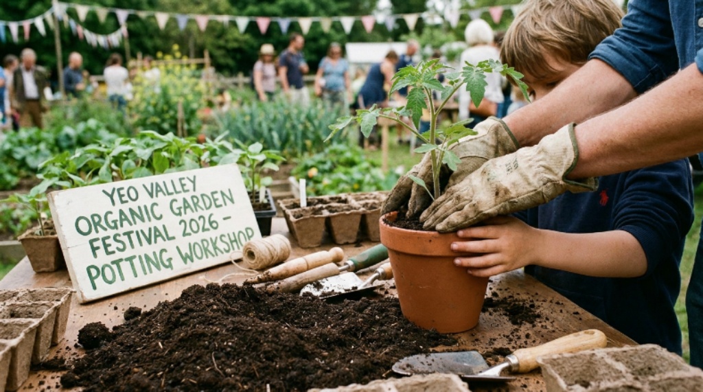 Close-up of hands potting organic seedlings during a hands-on workshop at the Yeo Valley Organic Garden Festival 2026, with compost and garden tools on a wooden table
