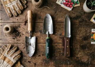 A hand holding a classic steel garden trowel above a wooden planting bench.