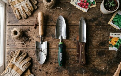A hand holding a classic steel garden trowel above a wooden planting bench.