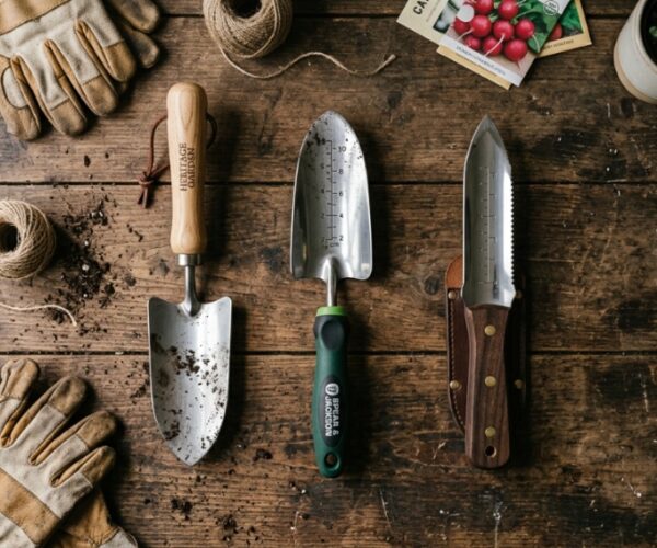 A hand holding a classic steel garden trowel above a wooden planting bench.