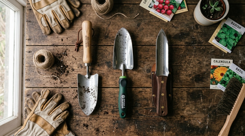 A hand holding a classic steel garden trowel above a wooden planting bench.