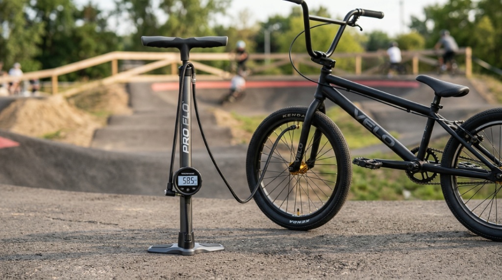 Rider using a portable hand pump to inflate a BMX tire outdoors.