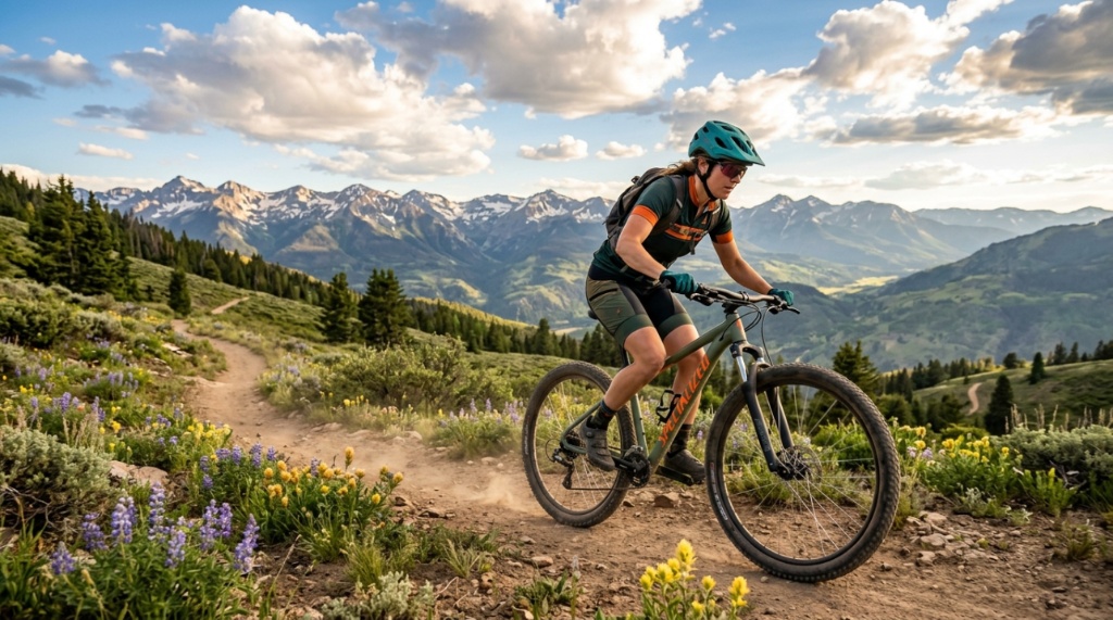 Cyclist riding a budget mountain bike through a lush green forest path.