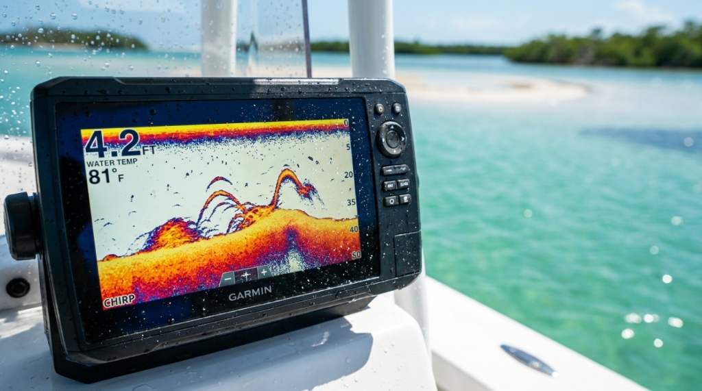 Dual marine GPS chartplotter screens tracking deep reef structures from a boat console.