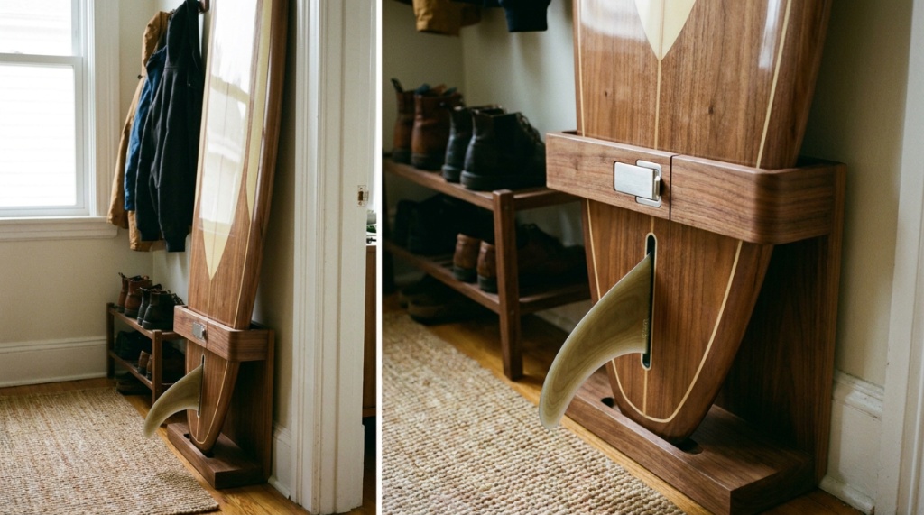 Shortboard surfboard resting on invisible clear hooks in a bright minimalist bedroom.