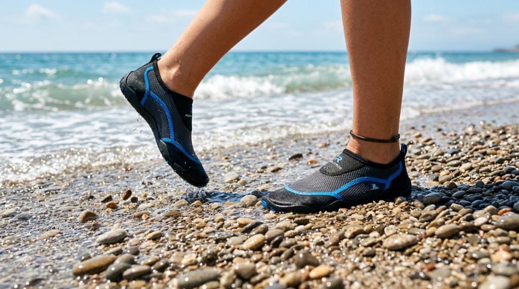 : A person walking on a rocky beach wearing comfortable water socks.