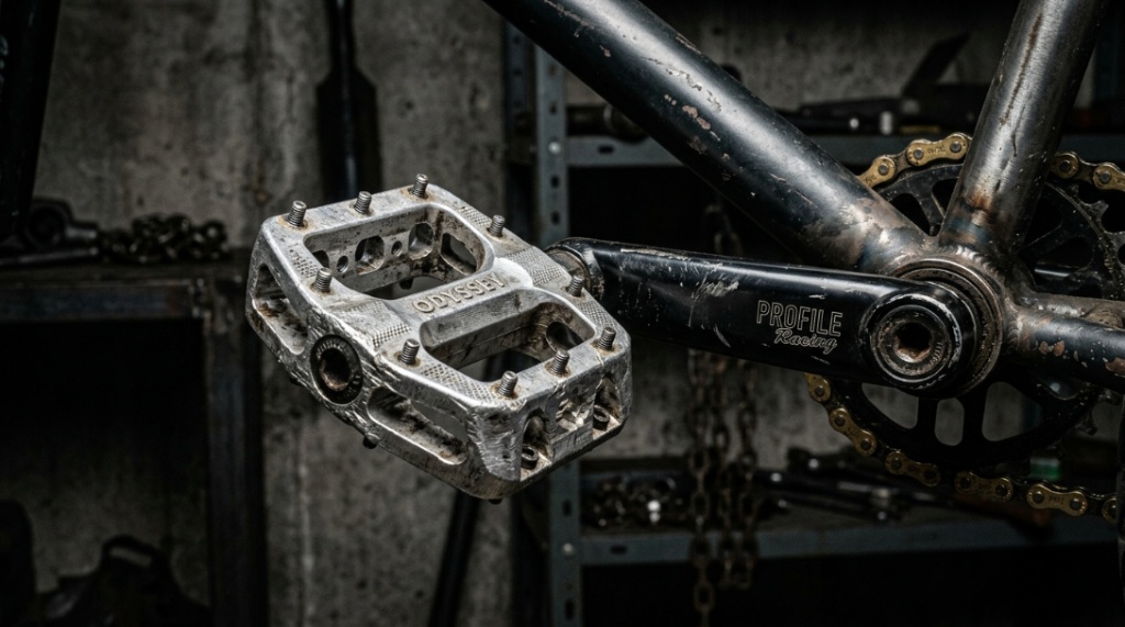 BMX rider feet landing trick on durable wide pedals.