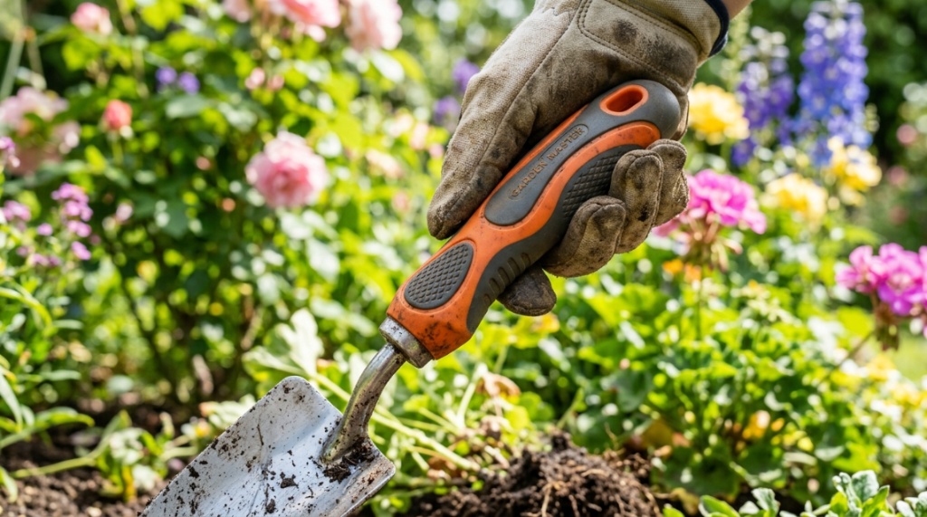 A close up of a heavy duty garden trowel with an ergonomic rubber grip.