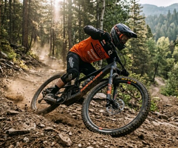 Mountain biker cornering on a rugged singletrack trail with elbows out for balance.