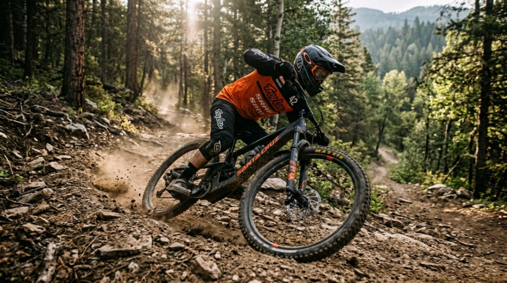 Mountain biker cornering on a rugged singletrack trail with elbows out for balance.