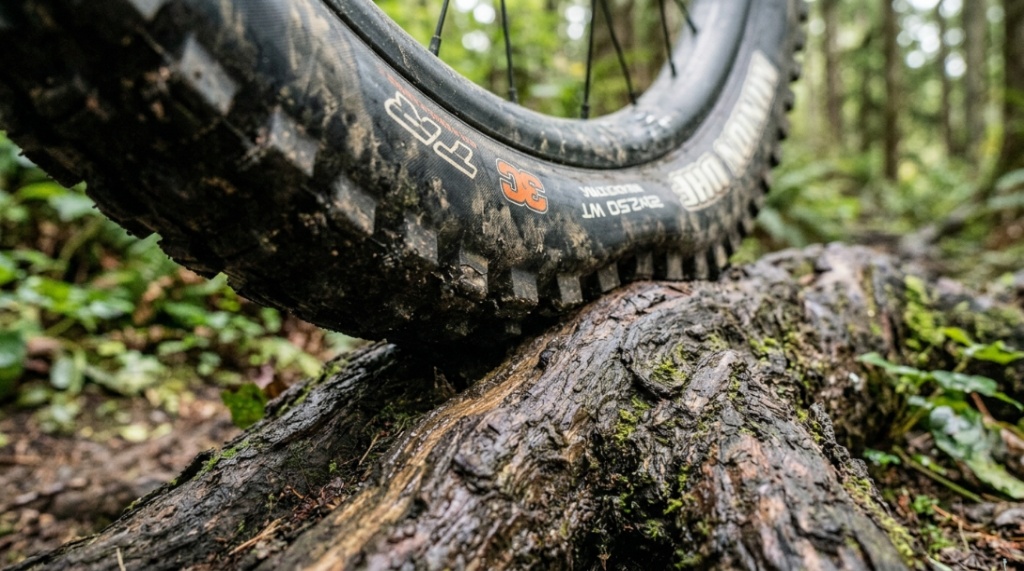 Cyclist standing on horizontal pedals with dropped heels on a root-filled trail.