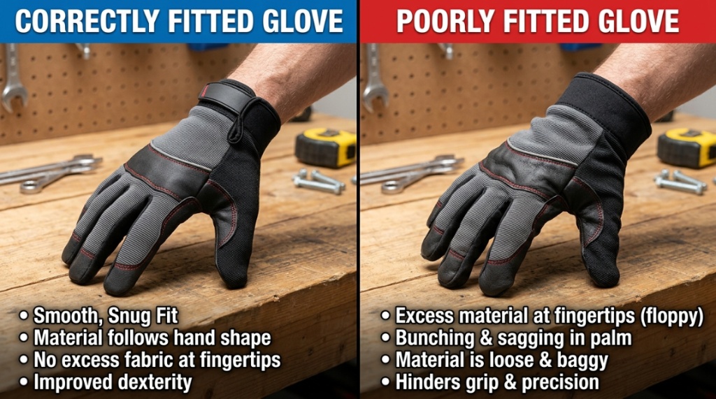 Side-by-side comparison of snug golf glove versus loose bunched fabric glove.