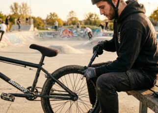 Floor bike pump standing next to a BMX tire on an asphalt track.