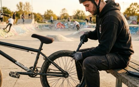 Floor bike pump standing next to a BMX tire on an asphalt track.
