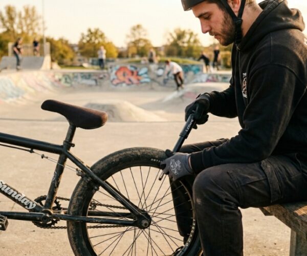 Floor bike pump standing next to a BMX tire on an asphalt track.