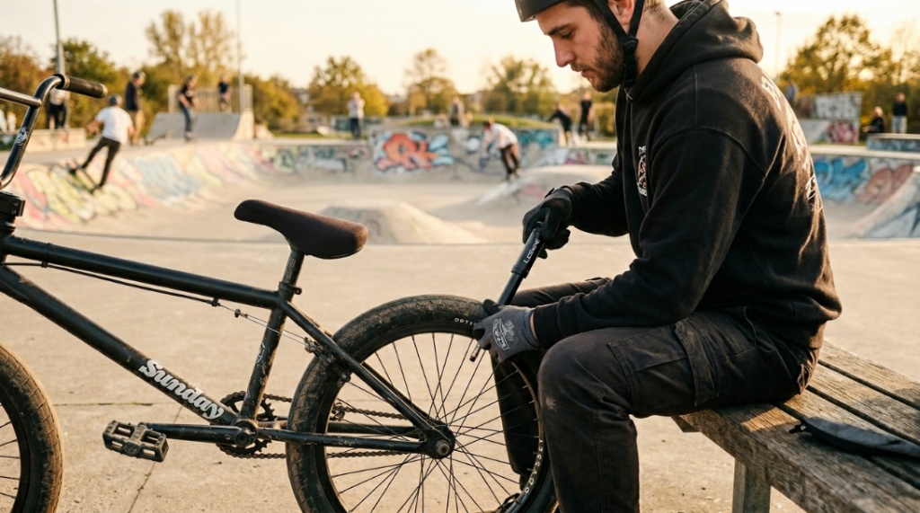 Floor bike pump standing next to a BMX tire on an asphalt track.