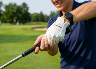 Close-up of golfer wearing perfectly fitted leather glove holding driver grip.