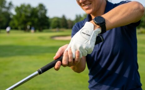 Close-up of golfer wearing perfectly fitted leather glove holding driver grip.