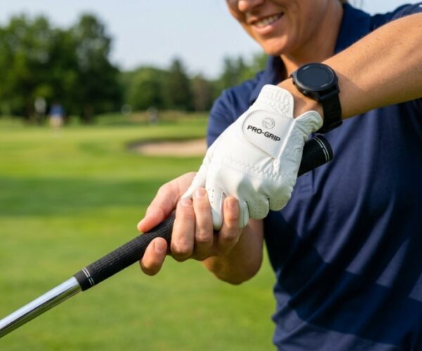 Close-up of golfer wearing perfectly fitted leather glove holding driver grip.