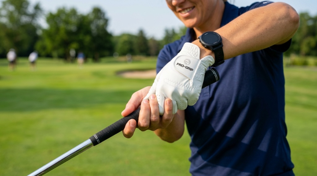Close-up of golfer wearing perfectly fitted leather glove holding driver grip.