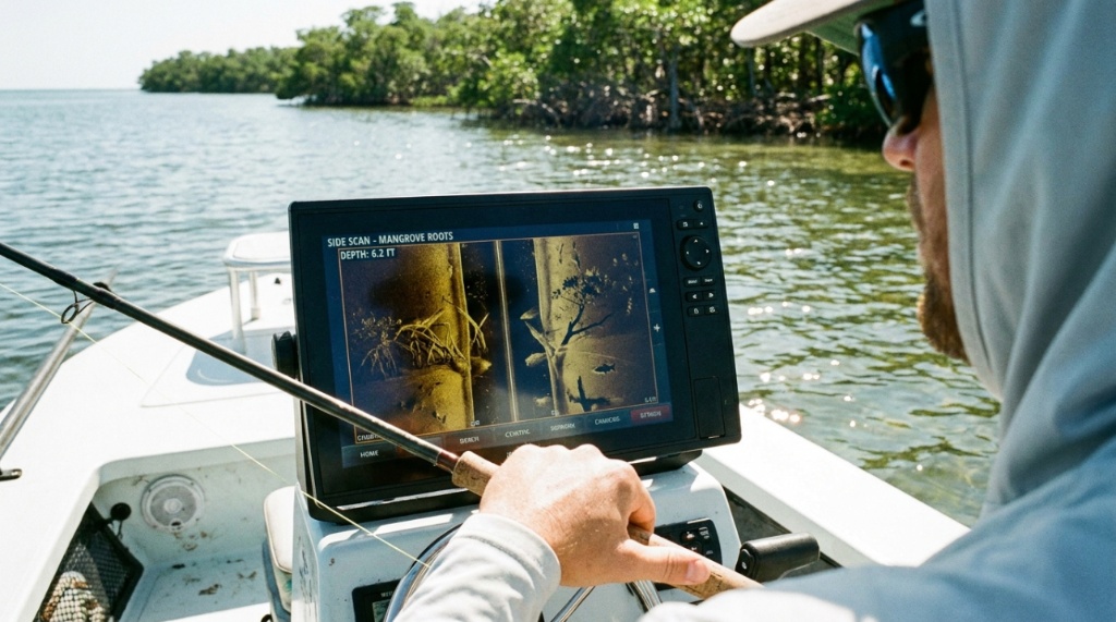 Angler using side-imaging sonar to locate fish near Florida mangrove roots.