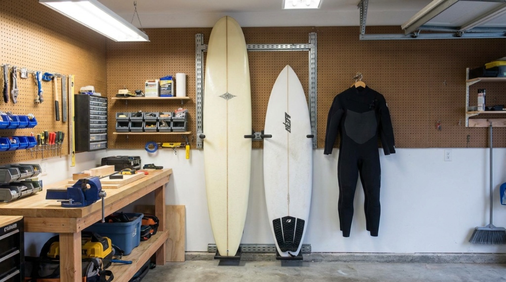 Surfboard mounted horizontally on a small apartment living room wall above a modern couch.