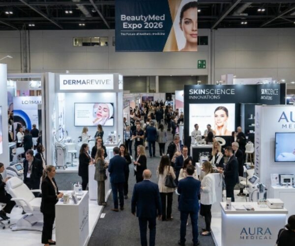 BeautyMed Expo 2026 exhibition floor with aesthetic brands on display