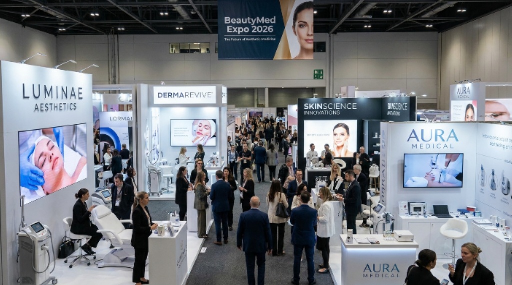 BeautyMed Expo 2026 exhibition floor with aesthetic brands on display