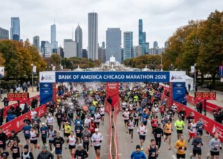 Tens of thousands of runners crossing the start line at the Bank of America Chicago Marathon 2026 in Grant Park, Chicago, on a cool October morning