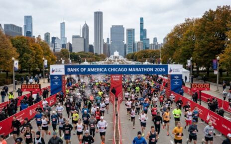 Tens of thousands of runners crossing the start line at the Bank of America Chicago Marathon 2026 in Grant Park, Chicago, on a cool October morning
