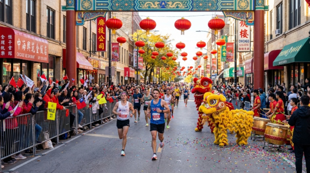 Spectators cheering runners through the vibrant Chinatown neighborhood at Mile 21 of the Chicago Marathon 2026, with red lanterns and lion dancers lining the street