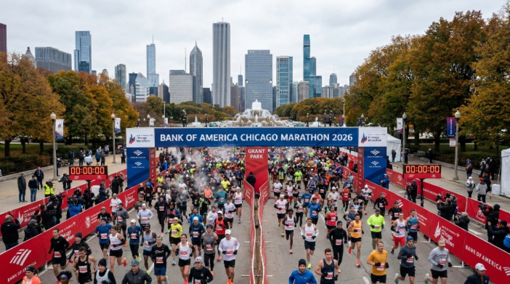 Tens of thousands of runners crossing the start line at the Bank of America Chicago Marathon 2026 in Grant Park, Chicago, on a cool October morning