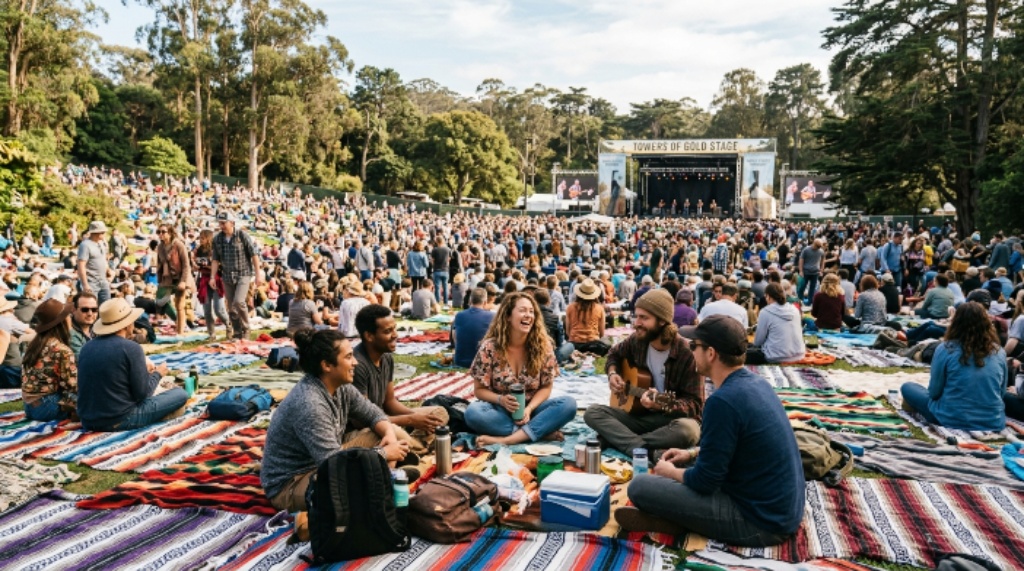 Festival attendees relaxing on blankets at Hardly Strictly Bluegrass Golden Gate Park