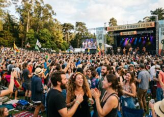 Crowd enjoying live music at Hardly Strictly Bluegrass festival in Golden Gate Park