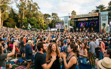 Crowd enjoying live music at Hardly Strictly Bluegrass festival in Golden Gate Park