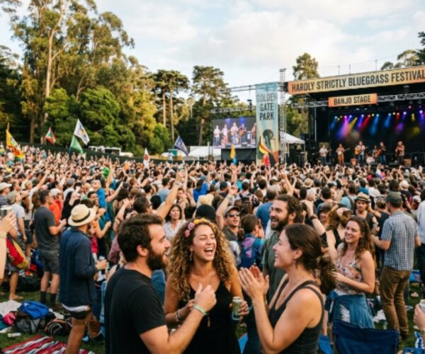Crowd enjoying live music at Hardly Strictly Bluegrass festival in Golden Gate Park