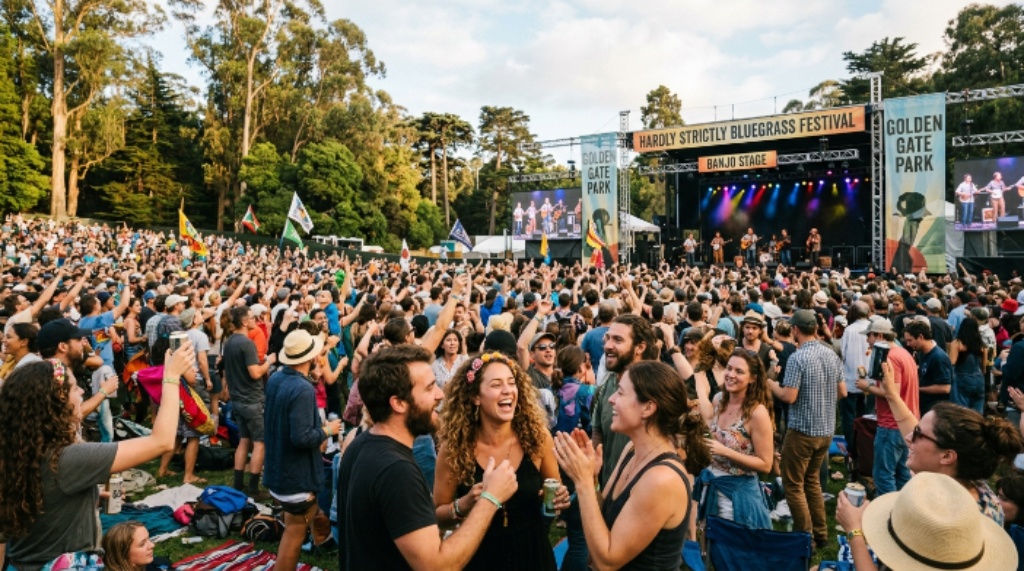 Crowd enjoying live music at Hardly Strictly Bluegrass festival in Golden Gate Park