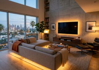 Cozy California living room illuminated by warm ambient LED strip lights.