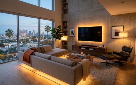 Cozy California living room illuminated by warm ambient LED strip lights.