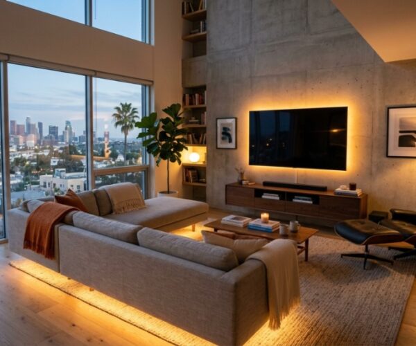 Cozy California living room illuminated by warm ambient LED strip lights.