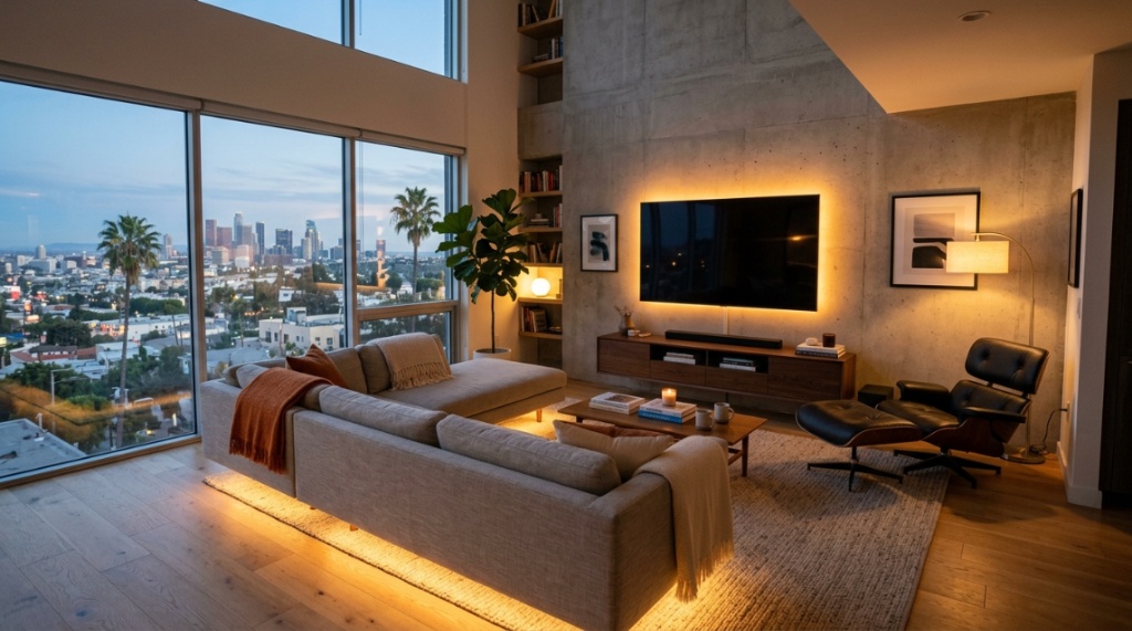 Cozy California living room illuminated by warm ambient LED strip lights.